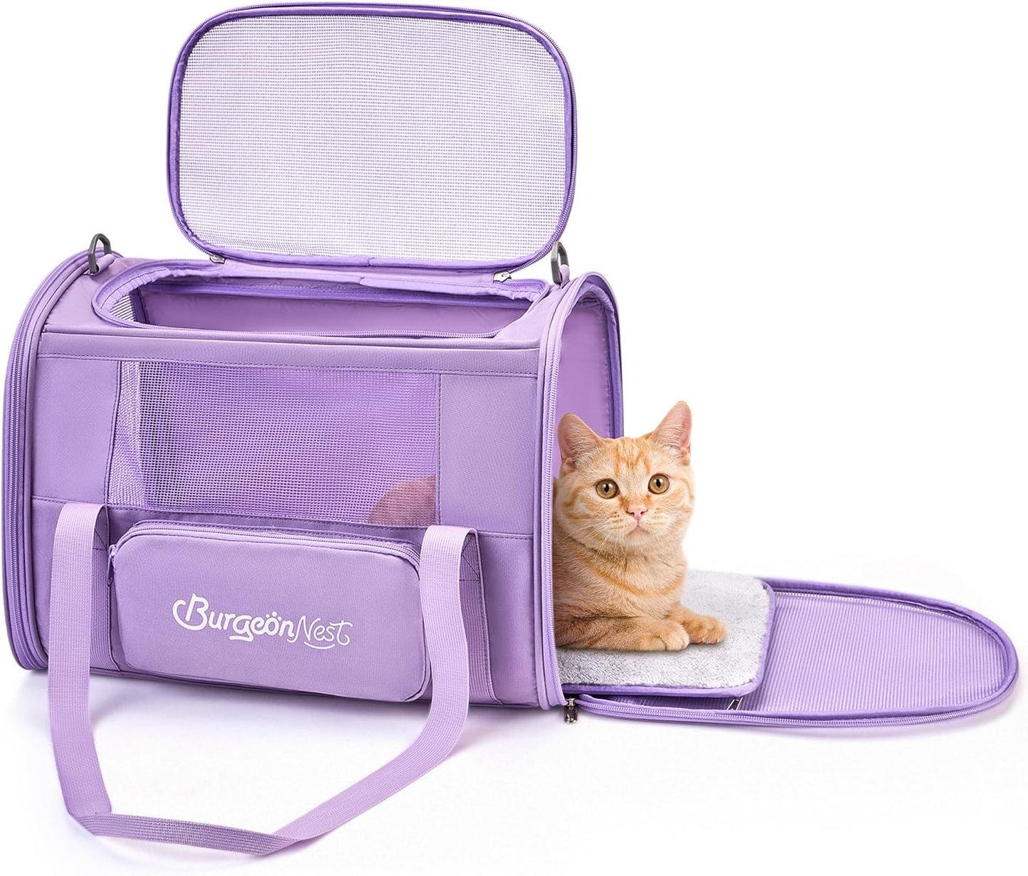 BurgeonNest Cat Dog Carrier, Cat Carriers for Large Medium Cats 20 lbs, Soft Sided Puppy Kitten Pet Carrier Under 25 lbs, Collapsible Travel Cat Carrier with Unique Side Bag (Medium)