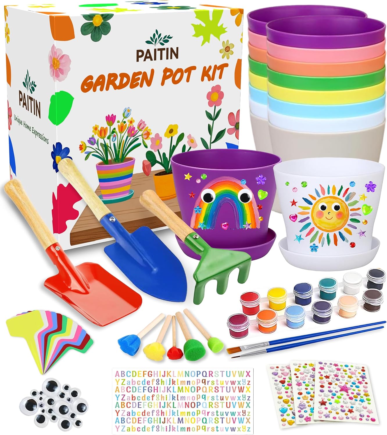 PAITIN Paint & Plant Garden Pot Craft Kit - 4 Inch Plant Pots, Kids Gardening Tools, Labels, Paints, Brushes, Gem & Eye Stickers - Perfect Spring Crafts Gifts for Women & Kids