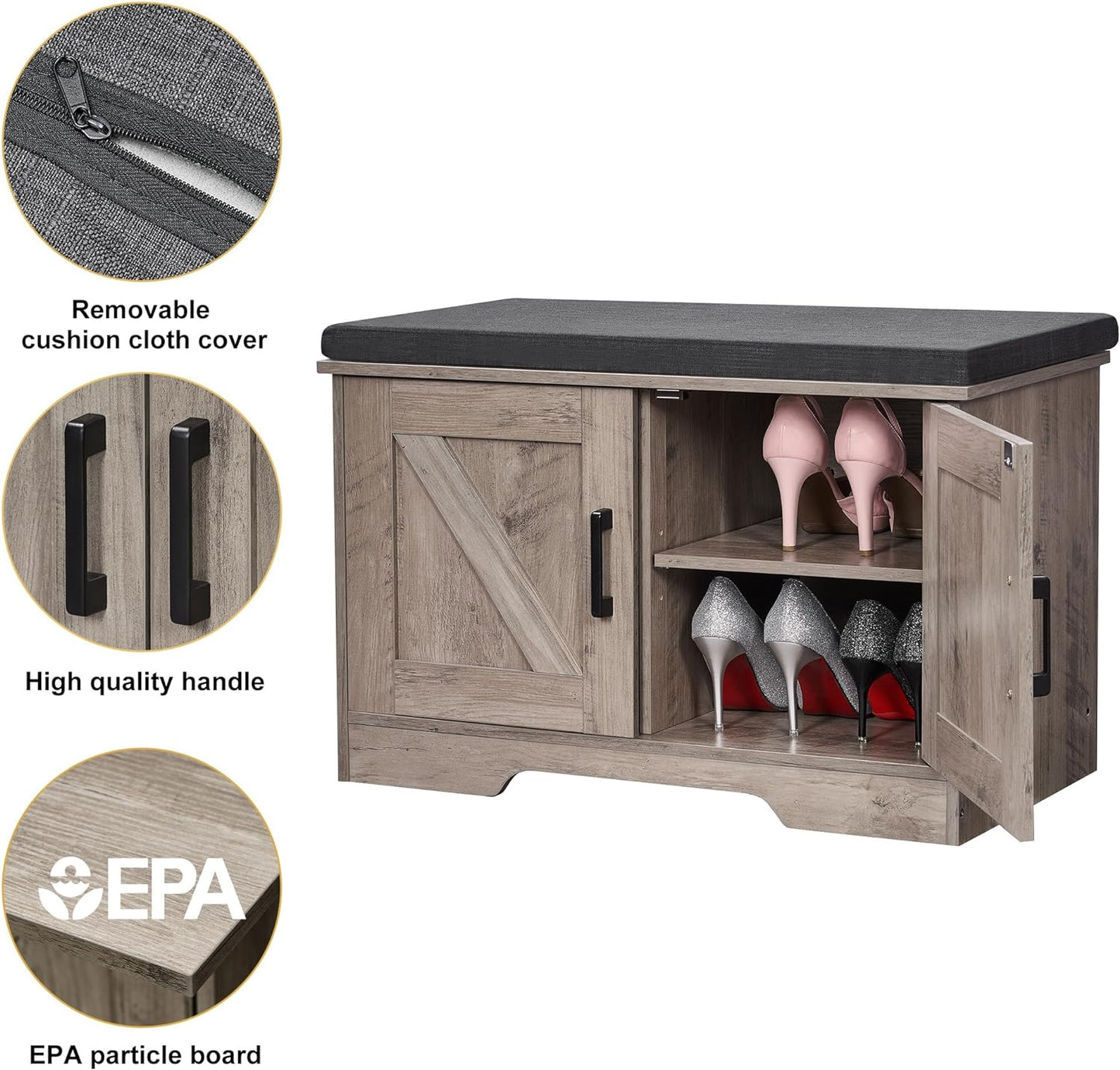 2-Tier Storage Bench, Shoe Bench with Padded Seat Cushion, Entryway Bench with 2 Barn Doors, Adjustable Shelf, 13.8" D x 27.6" W x 17.7" H, for Entryway, Living Room, Bedroom, Greige