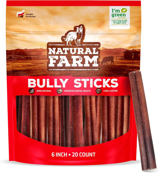 Natural Farm Odor-Free Bully Sticks (6 Inch, 20 Pack), 100% Beef Chews for Pups, Small and Medium Dogs, Non-GMO, Grain-Free, Fully Digestible, Natural Treats to Keep Your Dog Busy