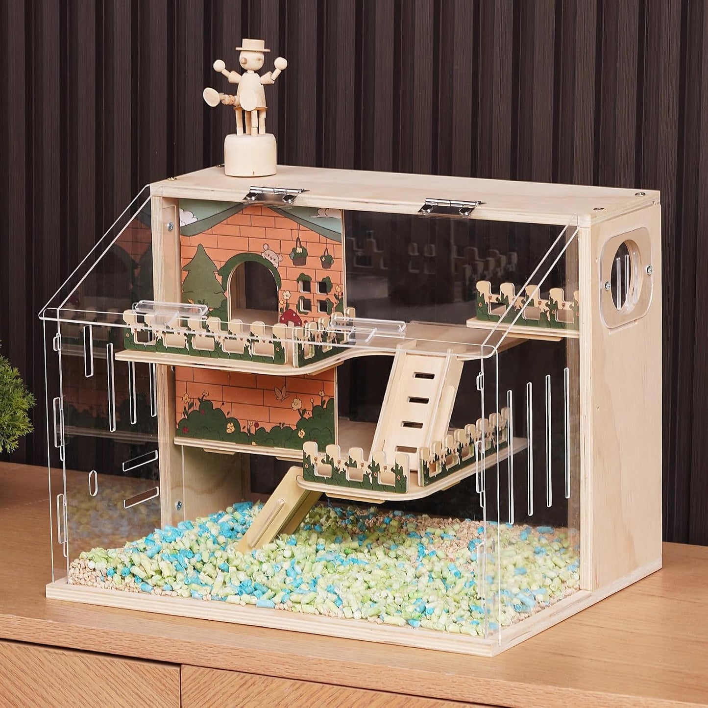 Wooden Hamster Cage, 15.8" 3-Layer Acrylic Dwarf Hamster Cages,Top Open Small Animal Cages with Stairs, Fences, Pastoral Style Mouse Cage for Pet Mice, Hedgehog