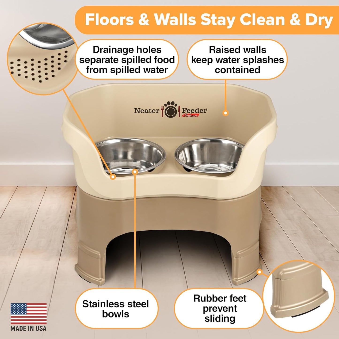 Neater Feeder Deluxe Mess Proof Dog Bowls Elevated for Large Dogs – Made in USA – No Spill Raised Dog Food Bowl Stand w/Leg Extensions – Stainless Steel Dog Food and Water Bowl Set – Cappuccino