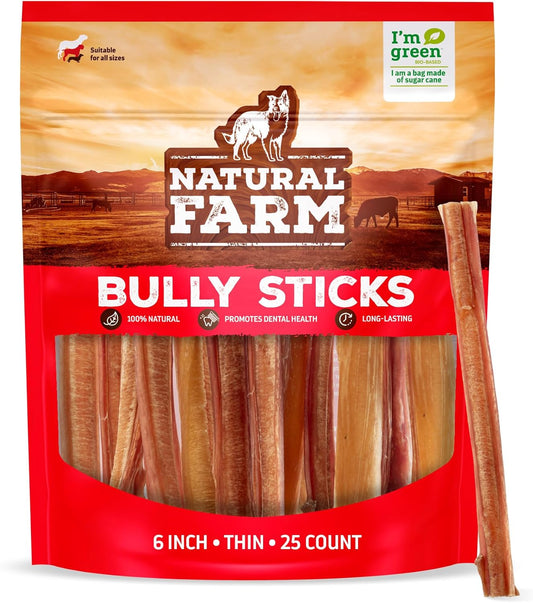Natural Farm Odor-Free Thin Bully Sticks (6”, 25-Pack) All-Natural Long-Lasting Dog Chews, 100% Beef Pizzle, Grass-Fed, Grain-Free, Protein for Muscle Development & Energy, Perfect for Medium Chewers