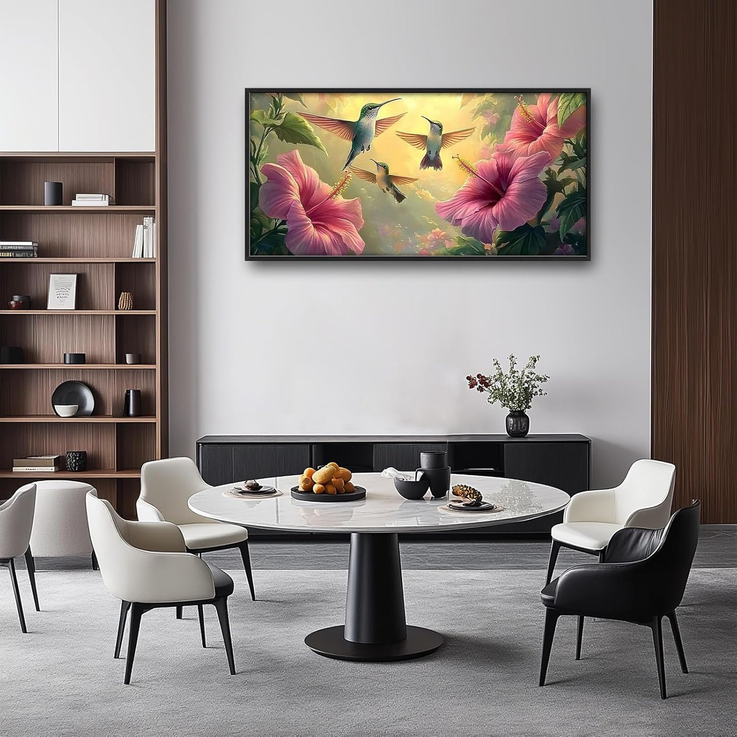 Framed Large Hummingbird Wall Art for Living Room, Oversized Rustic Bird Flower Wall Decor Floral Canvas Painting Nature Sunrise Pictures Modern Artwork for Bedroom Office Dinging Room 60"x30"