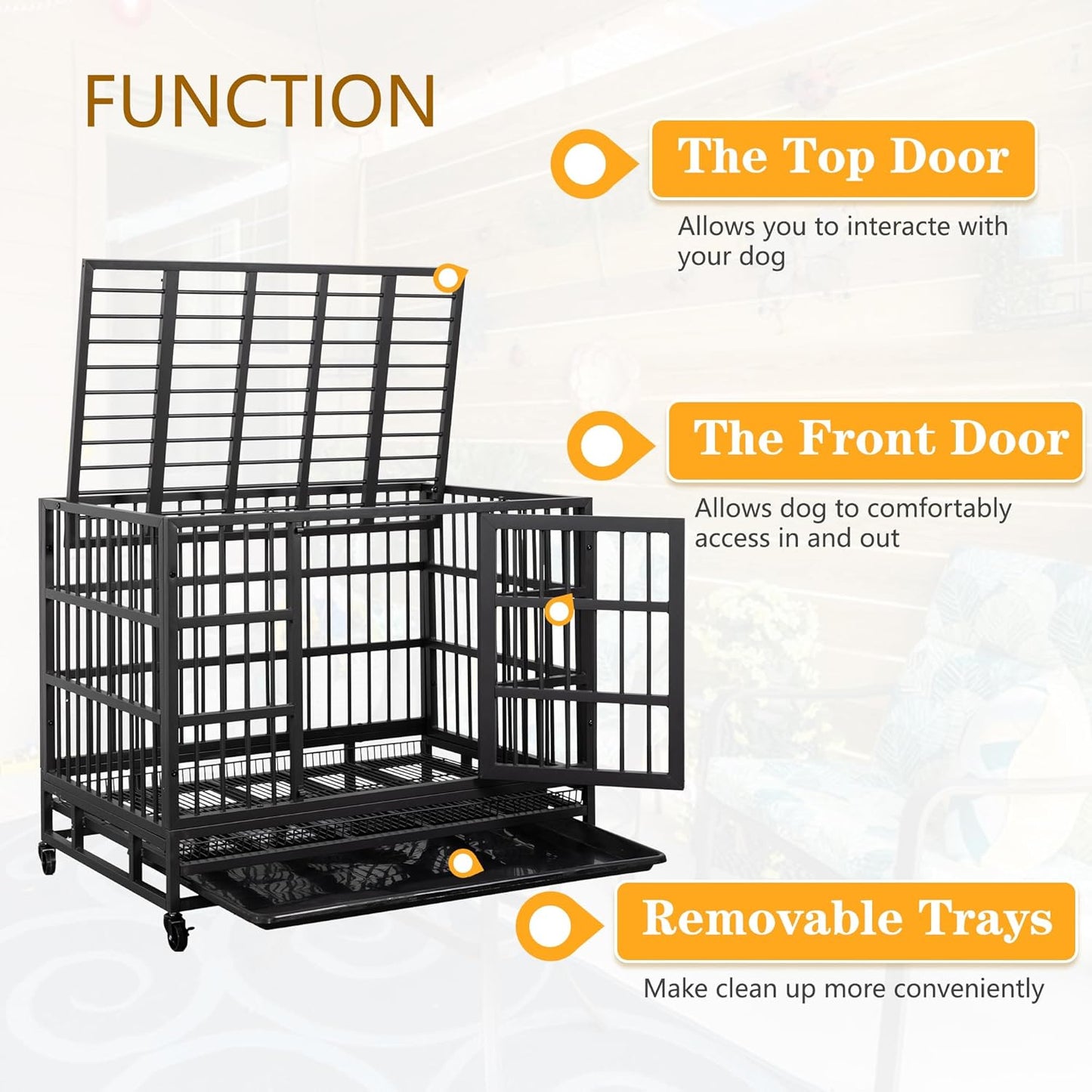 JY QAQA 38 Inch Heavy Duty Indestructible Dog Crate Double Doors Escape Proof Cage Kennel,Enhanced Metal Pet Cage,Extra Large XL XXL Crate Indoor for Large Dog with Removable Tray and Lockable Wheels