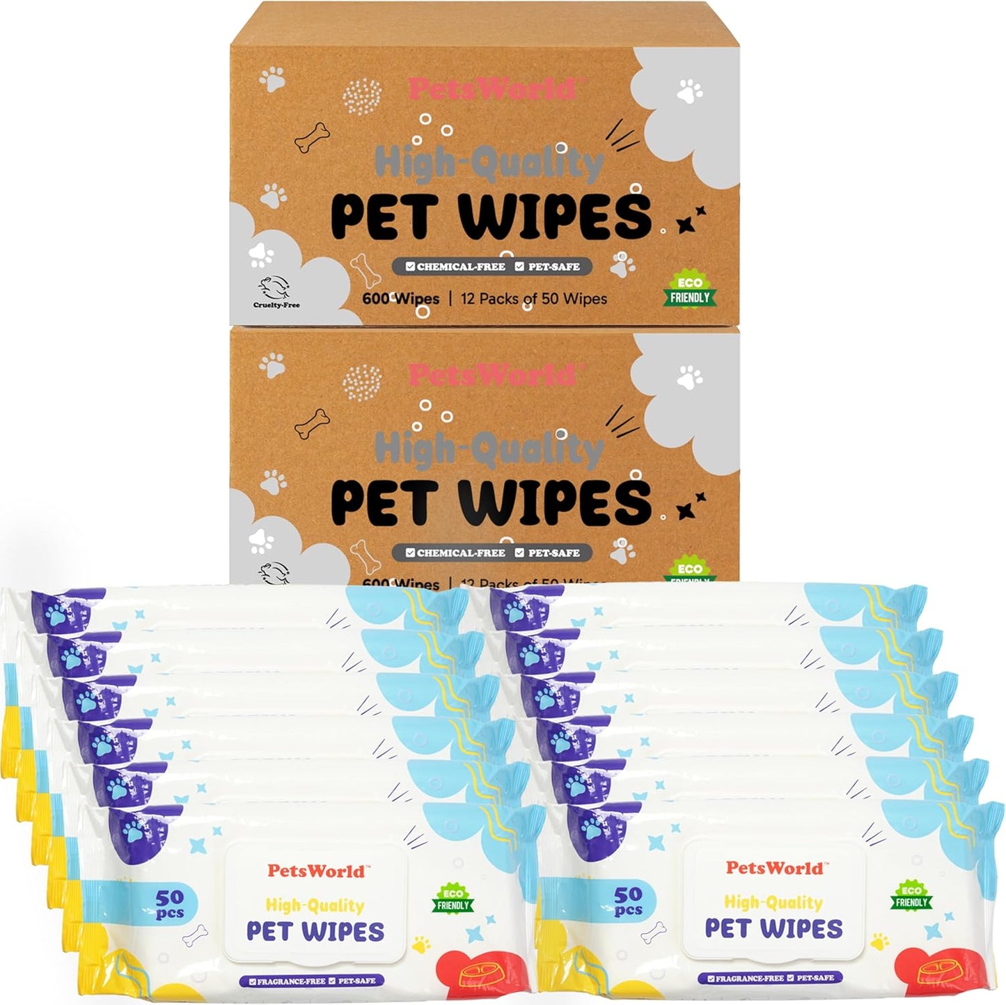 PETSWORLD Pet Wipes for Dogs & Cats, Unscented, Hypoallergenic, Chemical-Free, Biodegradable (98%), Thick & Durable, Textured Grooming Wipes (Unscented, 1200 Count)