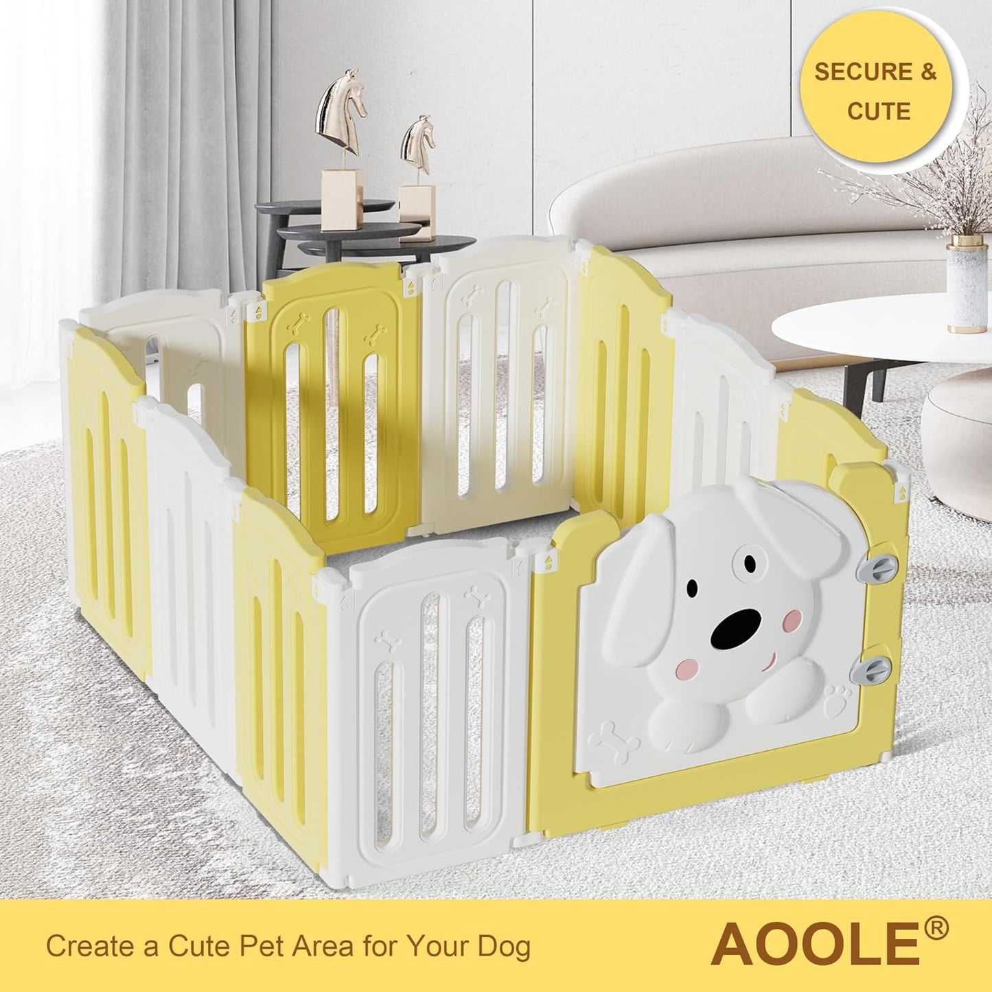 Foldable Dog Play Pen Indoors, Non-Slip Sturdy Puppy Playpen with Door, 25.5" H 10-Panel Adjustable Shape Dog Fence Pen for Small/Medium Dogs, Thickened, Easy to Store, White+Yellow
