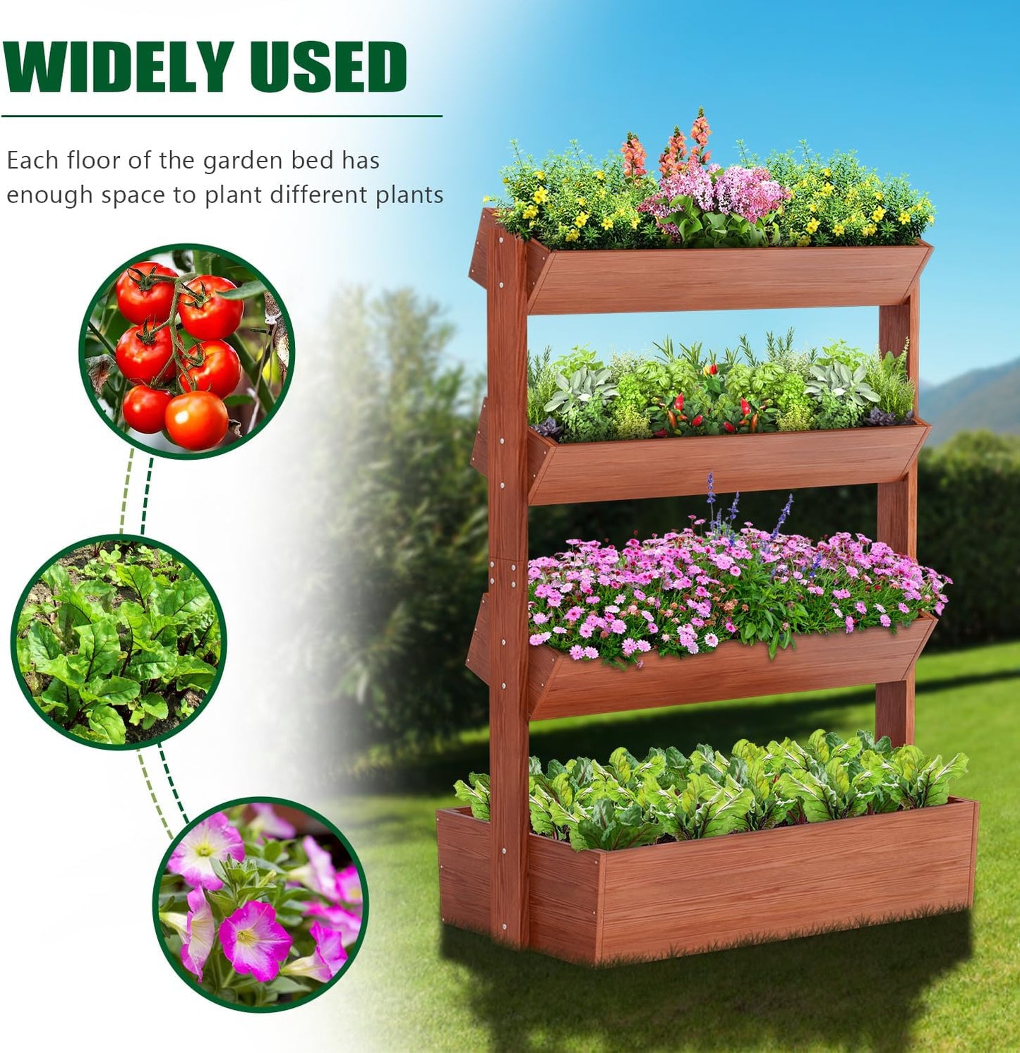 SUNYRISY 4 Tiers Vertical Wooden Raised Garden Bed Outdoor, Freestanding Garden Planter Box Stand for Planting Herbs Flowers Vegetables Outdoor Gardening