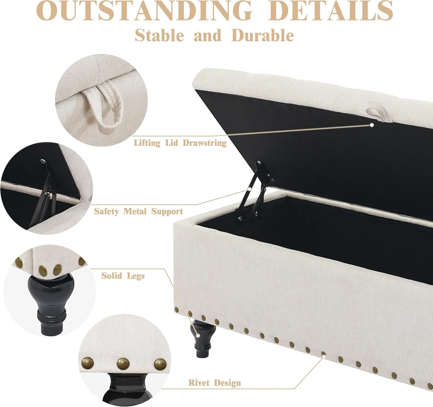 Mangodan51” Linen End of Bed Storage Bench, Tufetd Upholstered Storage Ottoman Bench with Safety Hinge, 330 lb Large Ottoman with Storages for Living Room, Entryway & Bedroom, Window Benches, Beige