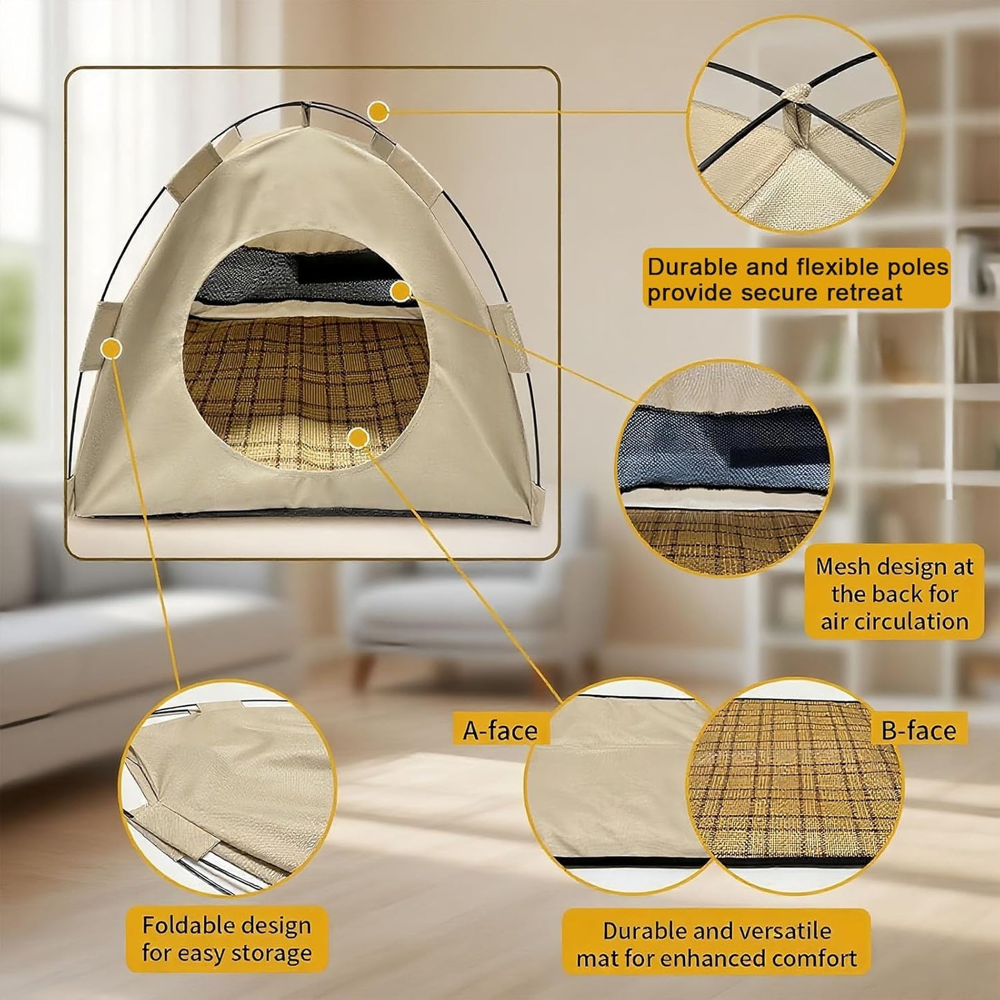 BreezyDen Pop-Up Pet Tent – Portable Hideaway for Cats & Small Dogs, Portable Indoor/Outdoor Pet Tent House with Mesh Window, Waterproof, Breathable, Scratch-Resistant, Fully Washable (Beige,L)