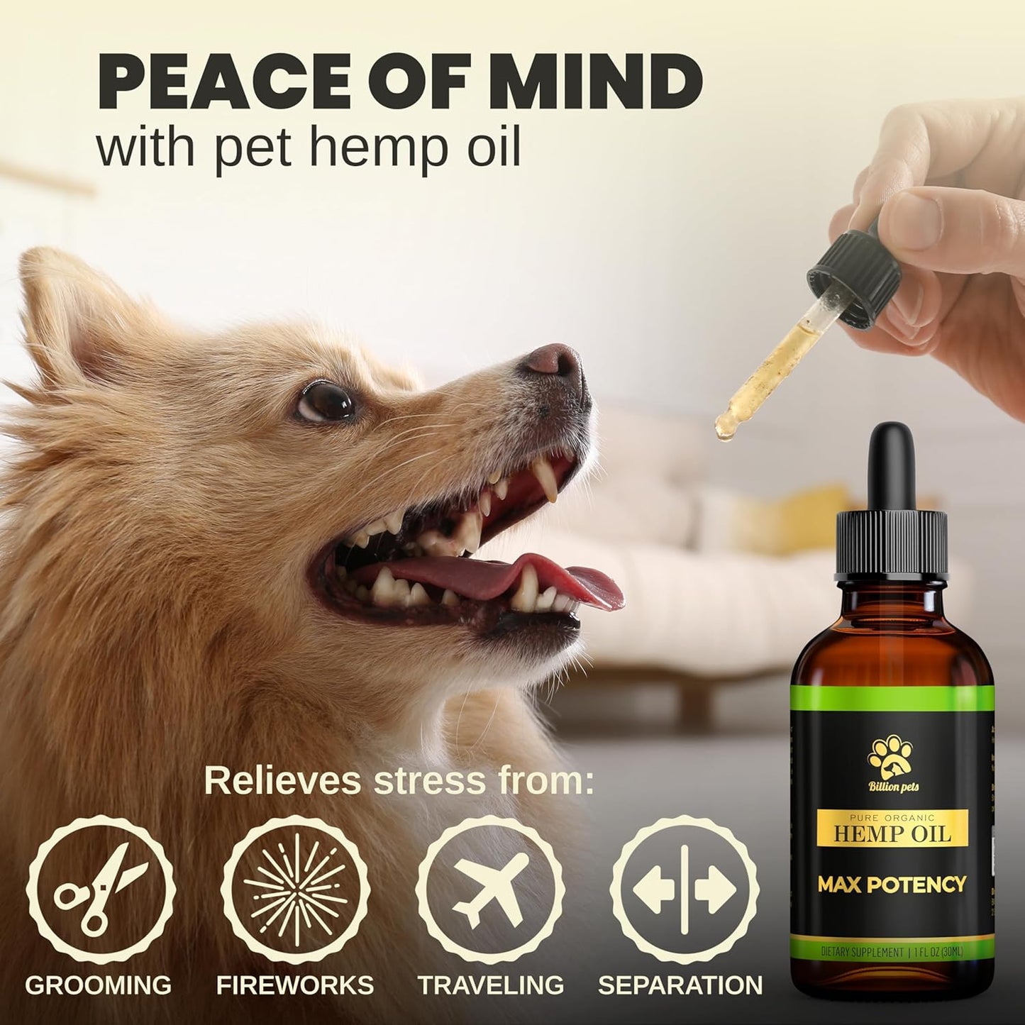 Billion Pets - Hemp Oil for Dogs and Cats - Helps with Anxiety, Pain, Stress, Sleep, Arthritis, Seizures Relief - Hip and Joint Support - Calming Drops Treats