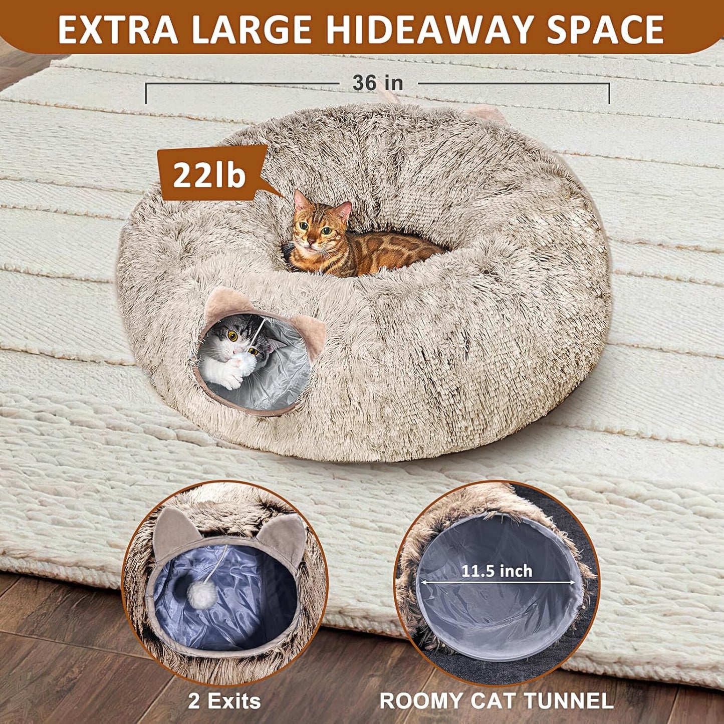 Cat Tunnel with Cat Bed for Indoor Cats, Soft Plush Peekaboo Cat Cave Donut Tunnel, Multifunctional Playground Toys Hideplace for Small Medium Large Kittens, Rabbit, Ferret, Brown
