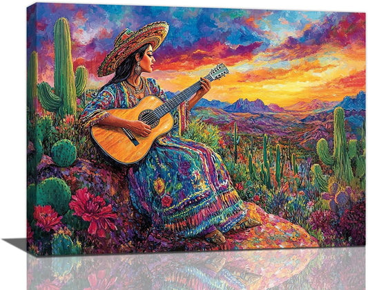 Mexican Women Pictures Wall Art, Cactus Landscape Bathroom Wall Decor, Nature Scenery Aesthetics Framed Painting Desert Modern Canvas Artwork for Bathroom Bedroom Living Room Decorations 24"L x 16"W