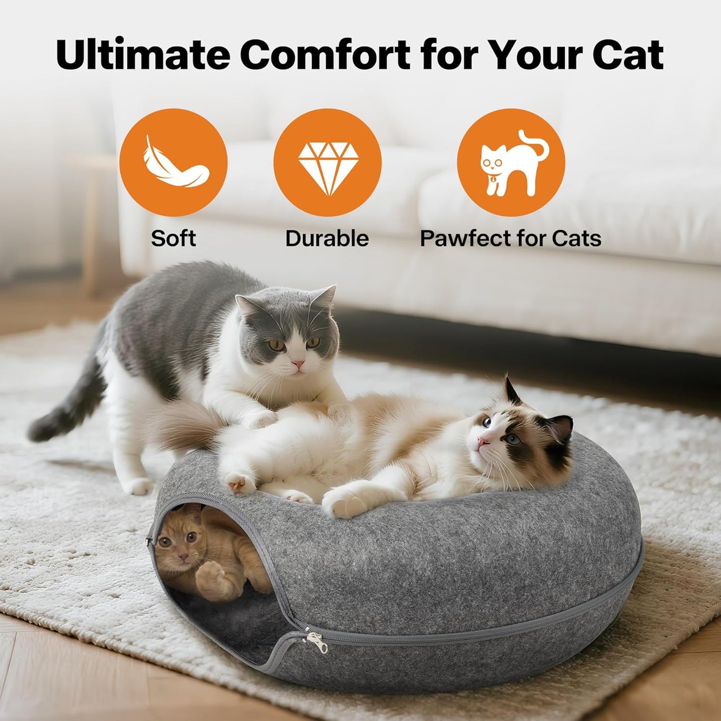 Pawise Peekaboo Cat Cave Donut Tunnel Bed, Cat Tunnel Bed,Bonus Separate Pom-Pom Bell Toy (Not Attached to Cave),Convertible Felt Cats Cave for Indoor Catty(X-Large)