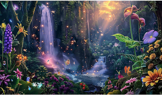 Fantasy Garden Aquarium Background Sunset Waterfall and Flowers Terrarium Backdrop Tropical Forest Lush Plant Magic Butterfly Lights Flowers Fish Tank Background Poster Decorations 72x24in