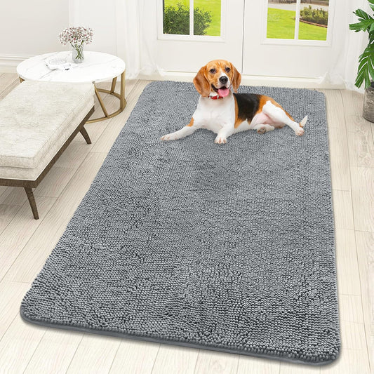 OLANLY Dog Door Mat for Muddy Paws 59x32, Absorbs Moisture and Dirt, Absorbent Non-Slip Washable Doormat, Quick Dry Chenille Mud Mat for Dogs, Entry Indoor Entryway Carpet for Inside Floor, Grey