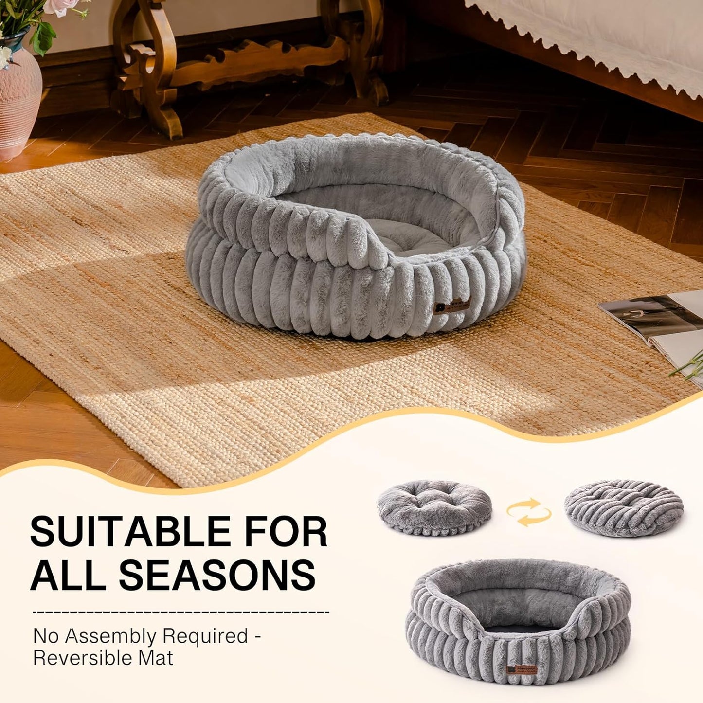 MEWOOFUN Cat Beds for Indoor Cats, Washable Dog Bed for Small Dogs, Round Pet Bed for Puppy and Kitten with Anti-Slip Bottom (Grey, 20"x20"x8")