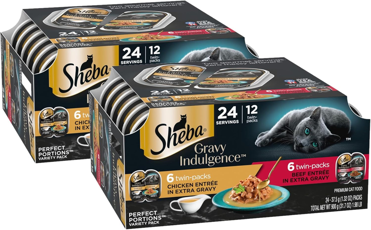 Sheba Gravy Indulgence Adult Wet Cat Food Beef Entree and Chicken Entree in Extra Gravy Variety Pack, 2.6 oz. Twin-Pack Trays (12 Count, 24 Servings) (Pack of 2)
