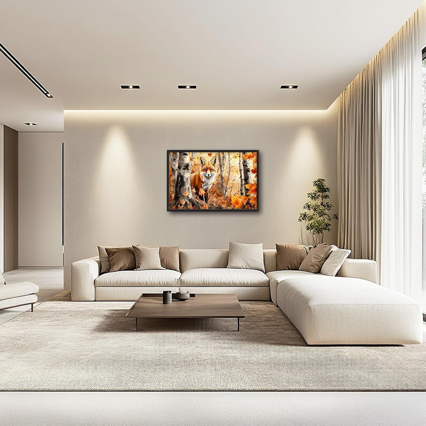 Large Fox Wall Art for Living Room, Framed Oversized Fall Autumn Forest Wall Decor Tree Maple Leaves Canvas Painting Modern Artwork for Living Room Bathroom Bedroom Office Dining Room 36"x24"