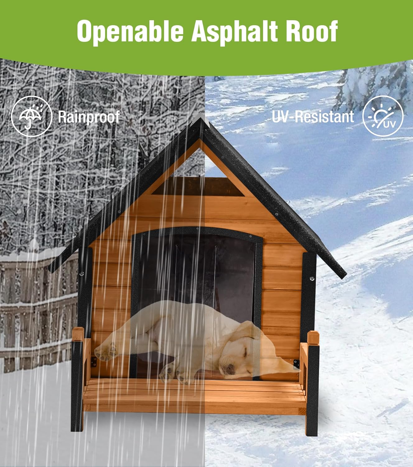 GUTINNEEN Insulated Dog House Outdoor, Waterproof Dog Kennel with Anti-Bite Design, Asphalt Roof, Elevated Base, PVC Curtain, for Small to Medium Dogs - Brown