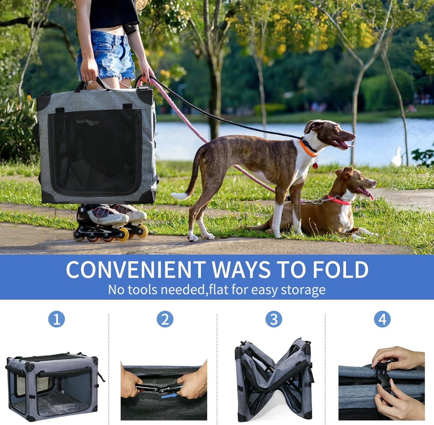 NEZUC Soft Collapsible Dog Crate - 30 Inch Portable Soft Sided Travel Dog Crates for Medium Dogs, 4-Door Foldable Dog Carrier, Pet Kennel Indoor & Outdoor (Gray, 30.0" L x 20" W x 20.0" H)