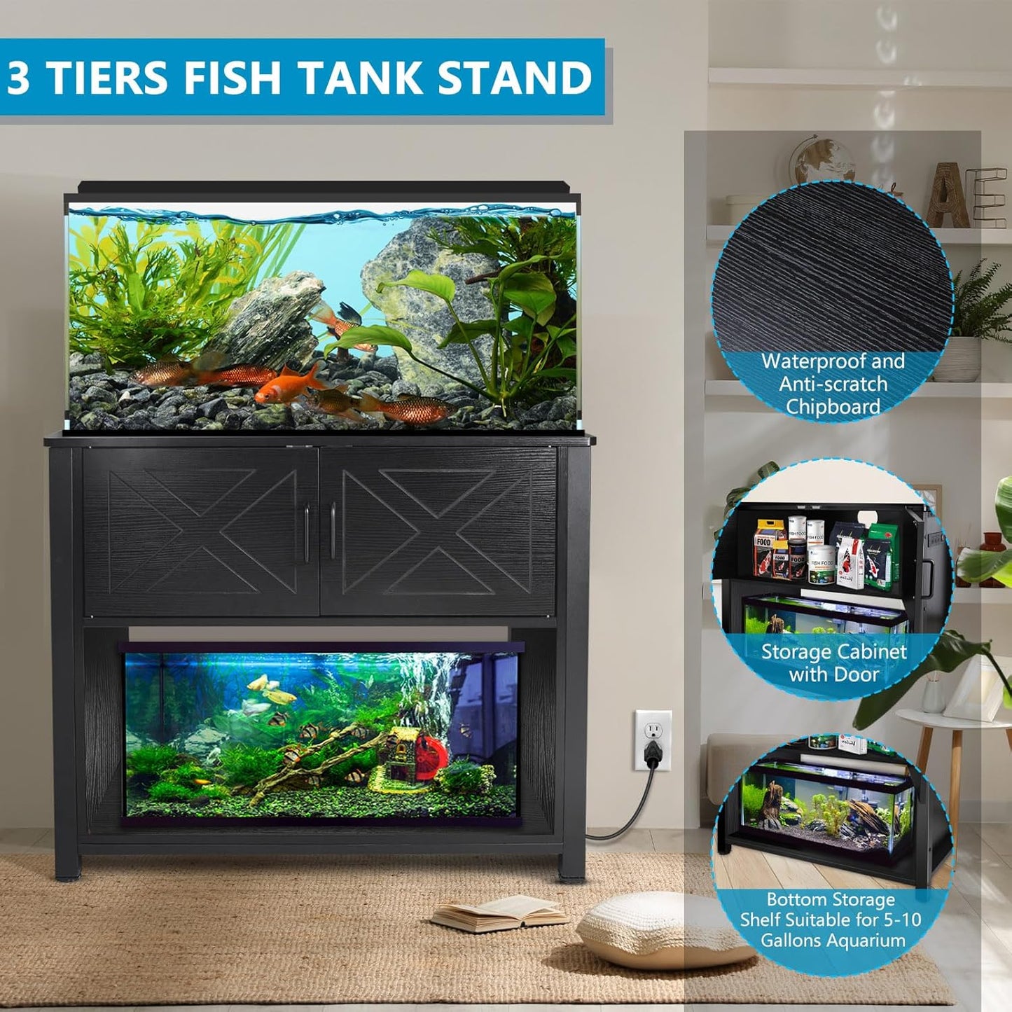 40 Gallon Tank Stand with Cabinet and Power Outlets, Heavy Duty Metal Aquarium Stand for 40-50 Gallon Breeder Tank, Turtle Tank, Double Terrarium Stand, 660LBS Capacity, Black