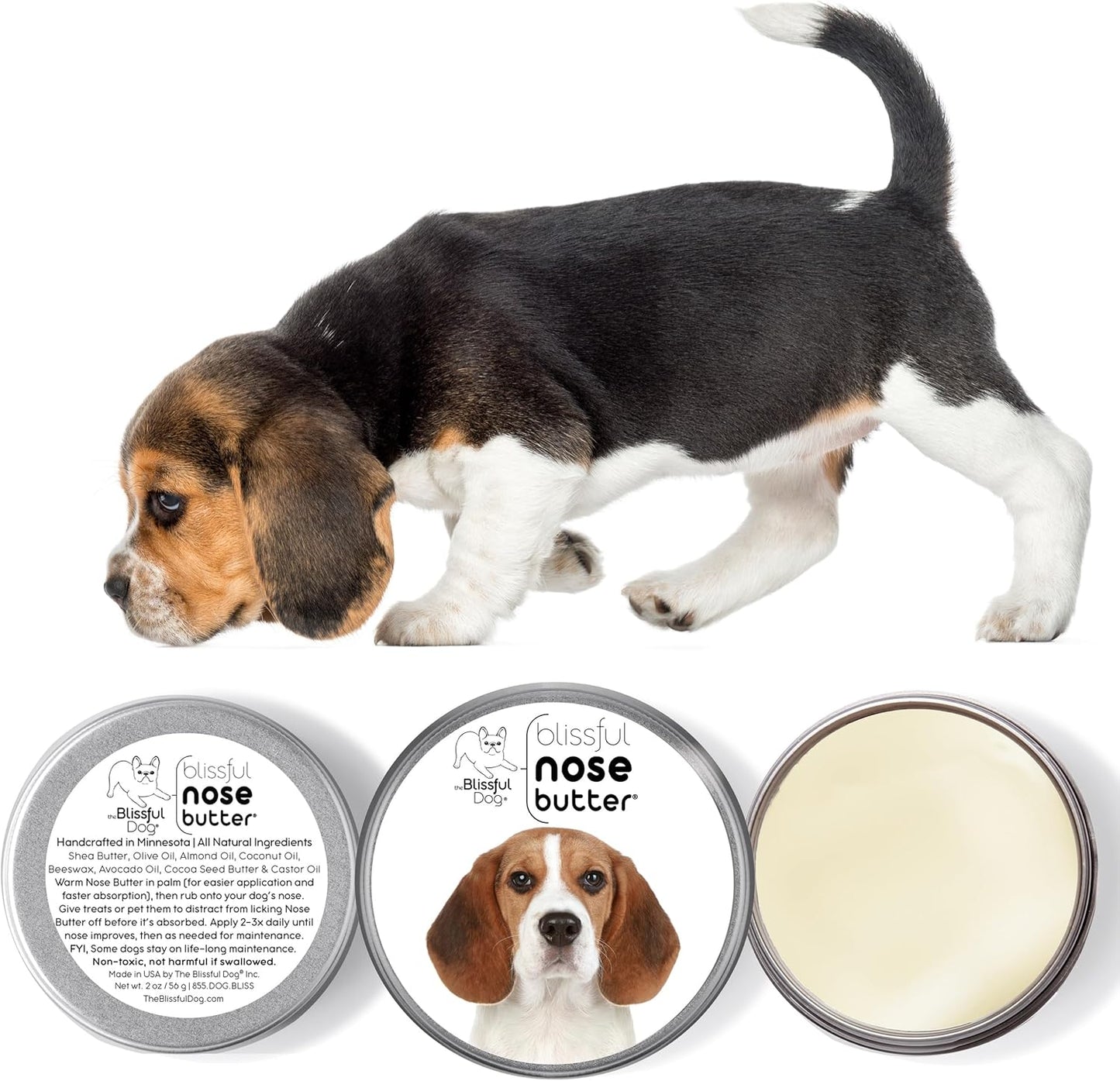The Blissful Dog Beagle Nose Butter for Dry, Cracked Skin, Lick-Safe Dog Nose Balm with Moisturizing Shea Butter, Almond, Olive, and Essential Oils, Pet Supplies, Uncented, 2 oz.