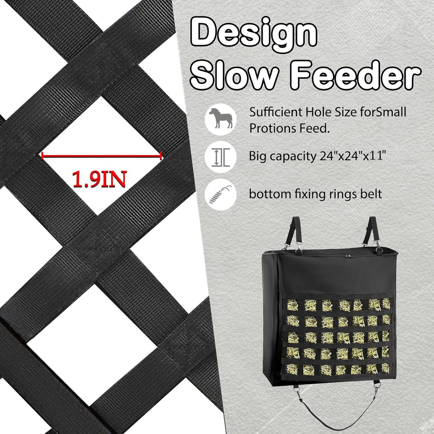 1Pcs Hay Bag for Horse,1200D Oxford Fabric Slow Feed Bags with Front Hay Nets Design and Heavy Duty Zipper Large Top Load Feeding Bag for Horses and Livestock,Black