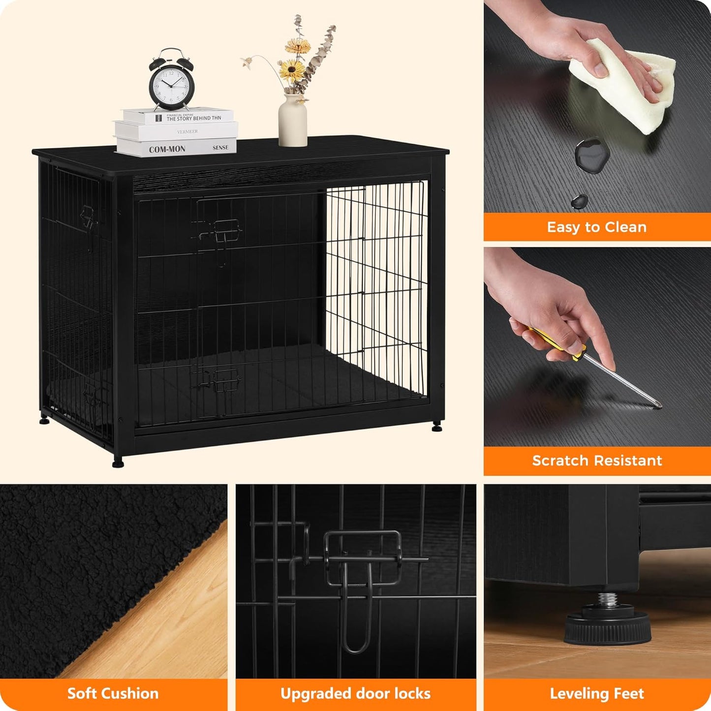 DWANTON Dog Crate Furniture with Cushion, Wooden Kennel Table with Double Doors, Indoor Dog House, Large Size, 38.5" L, Black