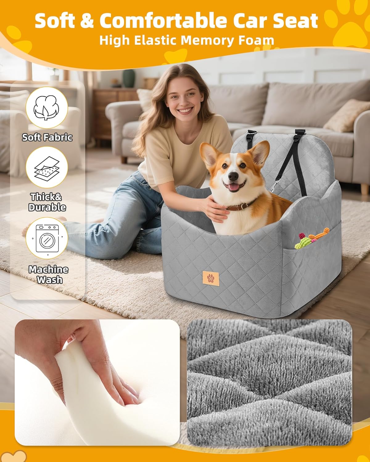 Car Seat Booster for Dog: High-Support Memory Foam Pet Car Seat for Small/Medium Dogs Under 35lbs with Elevated Cushion - Detachable Washable Puppy Travel Bed for Driving with Pockets (Grey)