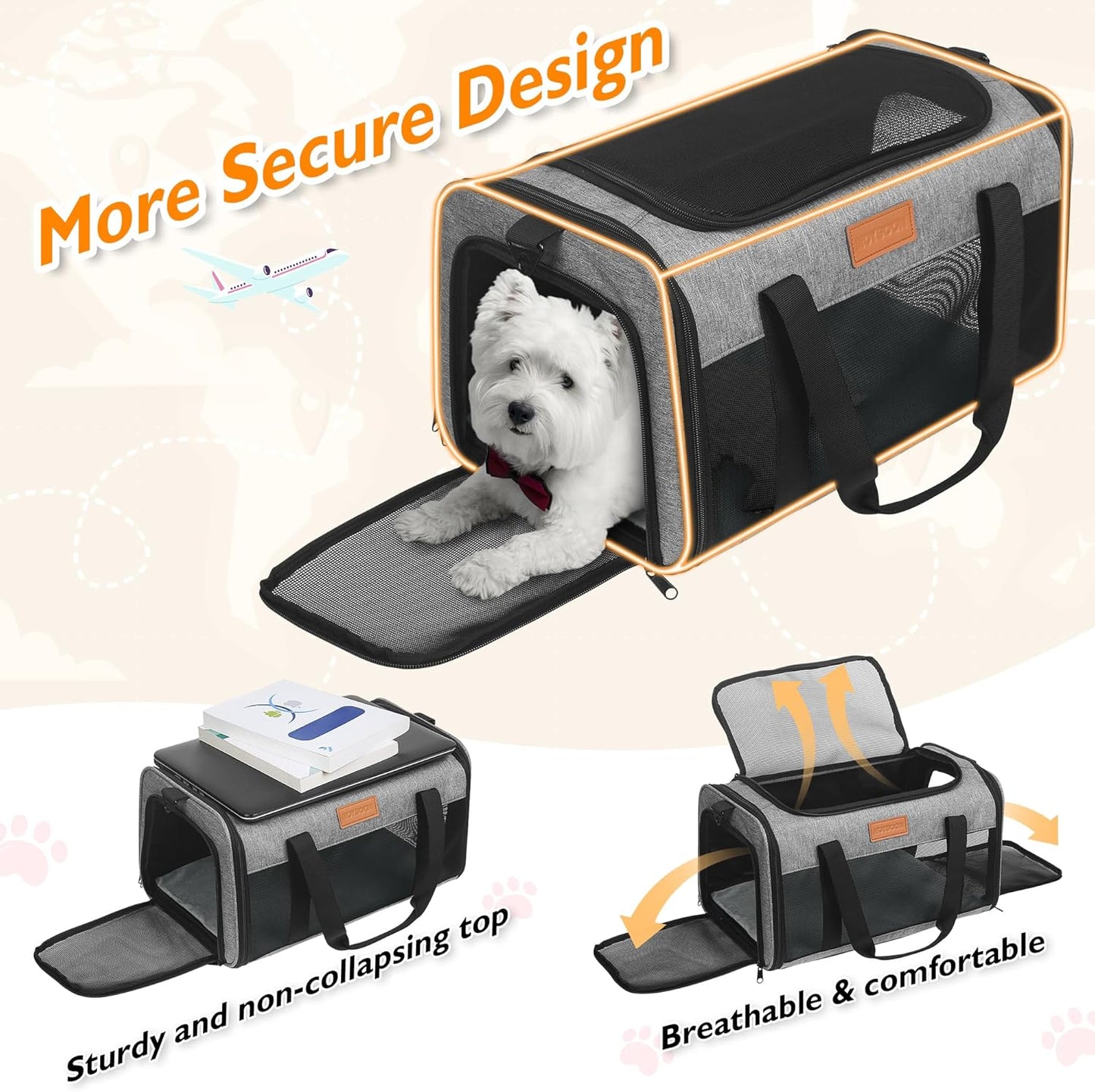 PETUX TSA Approved Pet Carrier in Cabin, 17"x11"x9.5" Soft Cat Carriers for Small Cats up to 12 lb, Top-Open Portable Dog Carrier with Litter Box and Anti-Scratch Mesh for Puppy up to 10 lb (Grey)