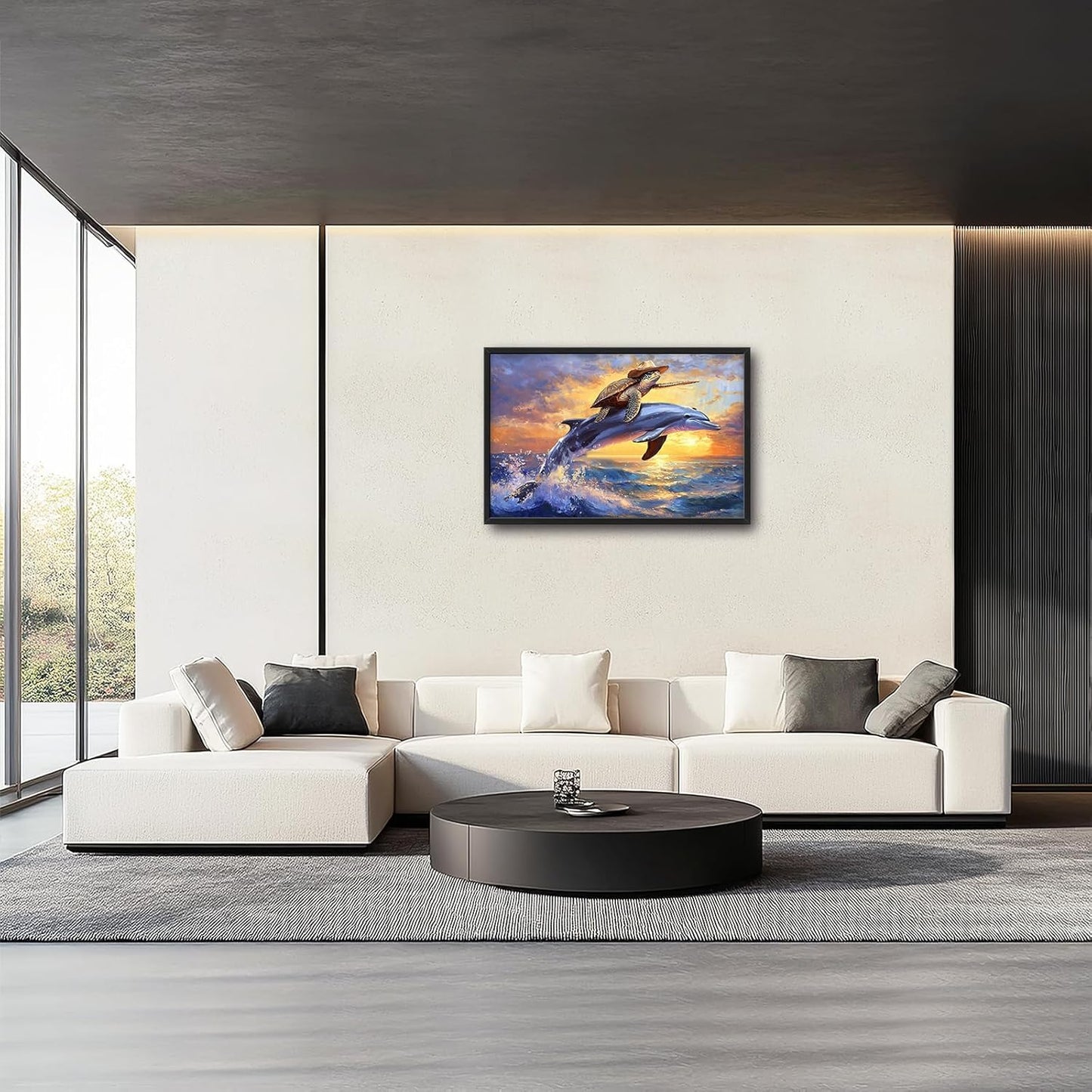 Large Funny Sea Turtle Wall Art for Living Room, Framed Oversized Ocean Dolphin Wall Decor Sunset Nautical Canvas Painting Modern Artwork Home Decoration for Bedroom Office 36"x24"