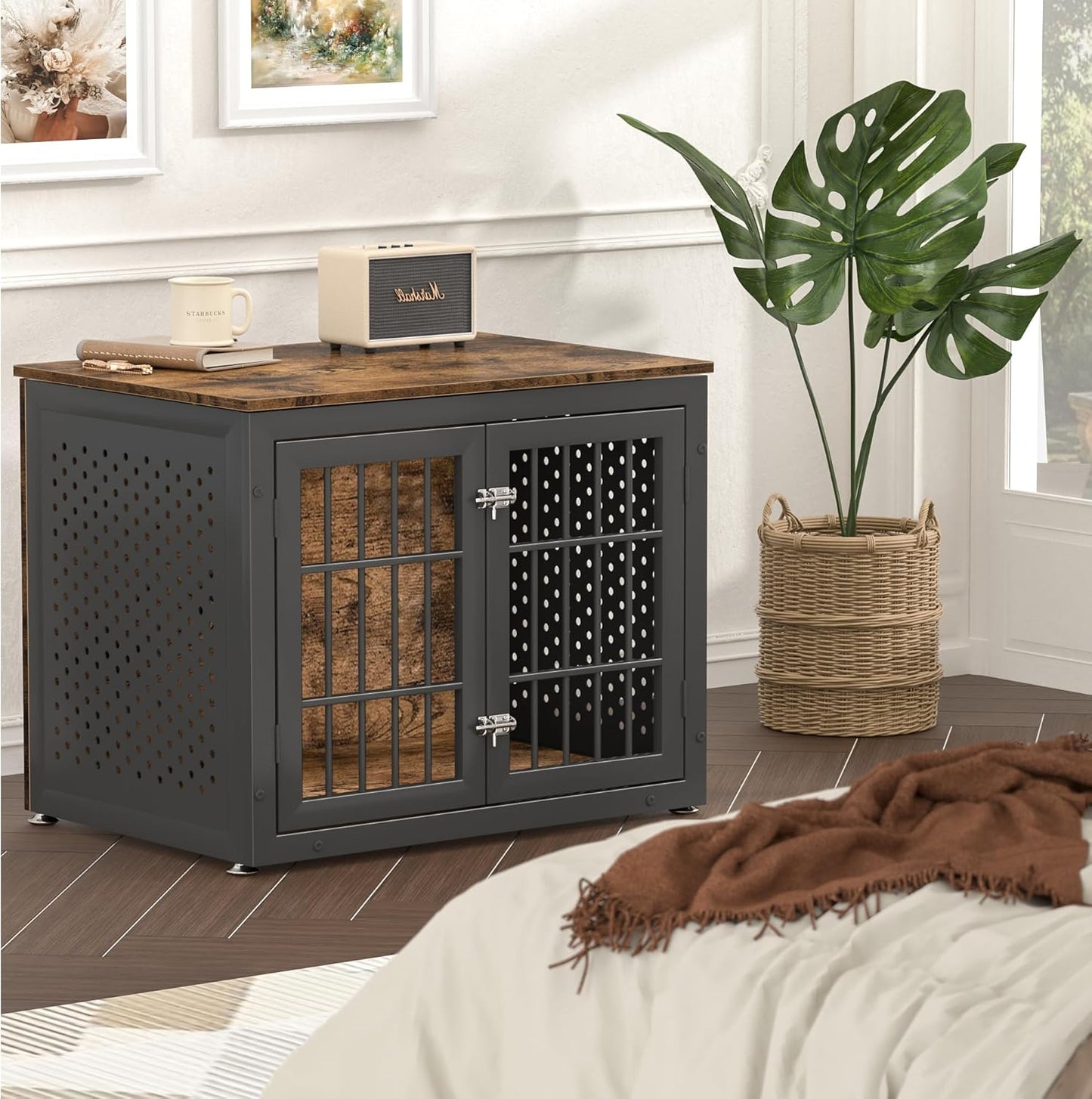 32" Heavy Duty Dog Crate Furniture for Small and Medium Dogs, Metal Kennel for High Anxiety Dogs, Chew Proof Pet Cage Indoor, Decorative Dog Kennel End Table