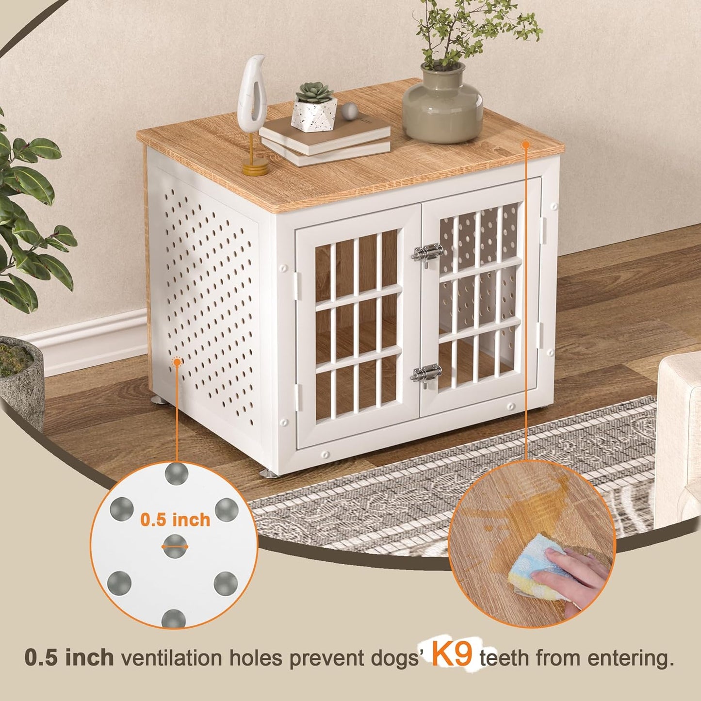 26" Heavy Duty Dog Crate Furniture for Small Dogs, Metal Kennel for High Anxiety Dogs, Chew Proof Pet Cage Indoor, Decorative Dog Kennel End Table,White