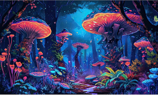 Mushrooms Aquarium Background Fantasy Bright Flowers Butterflies Fish Tank Backdrop Decoration Poster Trippy Wonderland Landscape with Giant Mystical Mushrooms Terrarium Background Decor 48x18in