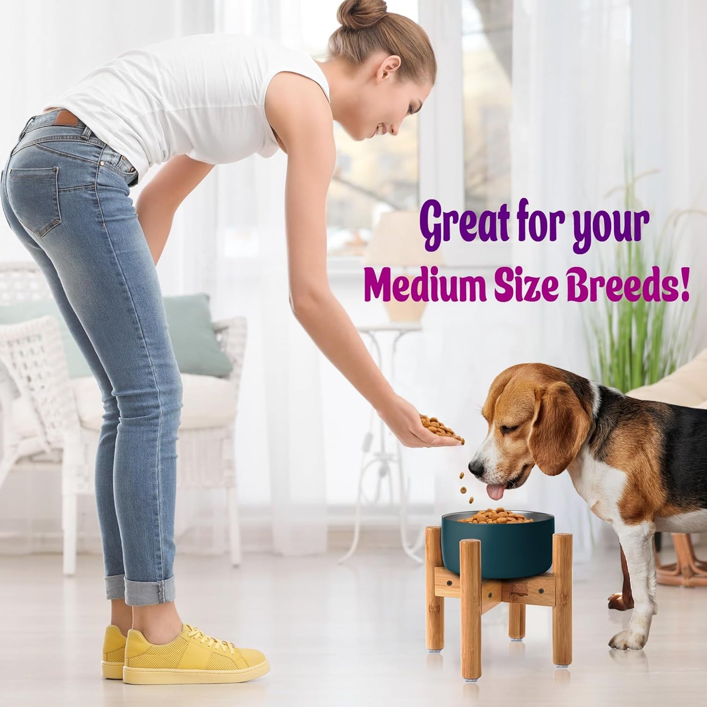 Dog Bowl Stand for Medium Breeds - Raises Bowls to 9-inch High, Ants/Bugs-Off - Adjustable, Fits Various Sizes of Dog Food/Water Bowls and Slow Feeders - Bamboo