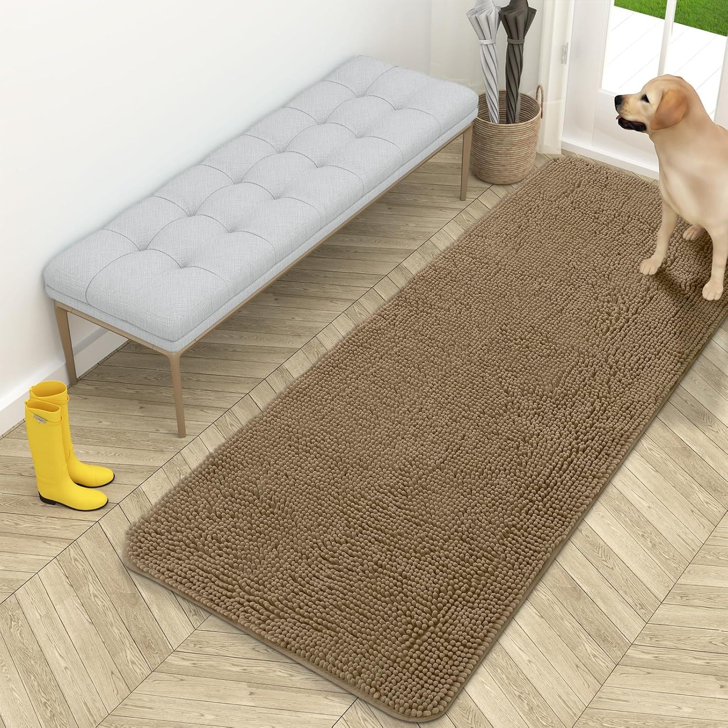 OLANLY Dog Door Mat for Muddy Paws 59x24, Absorbs Moisture and Dirt, Absorbent Non-Slip Washable Doormat, Quick Dry Chenille Mud Mat for Dogs, Entry Indoor Entryway Carpet for Inside Floor, Tan