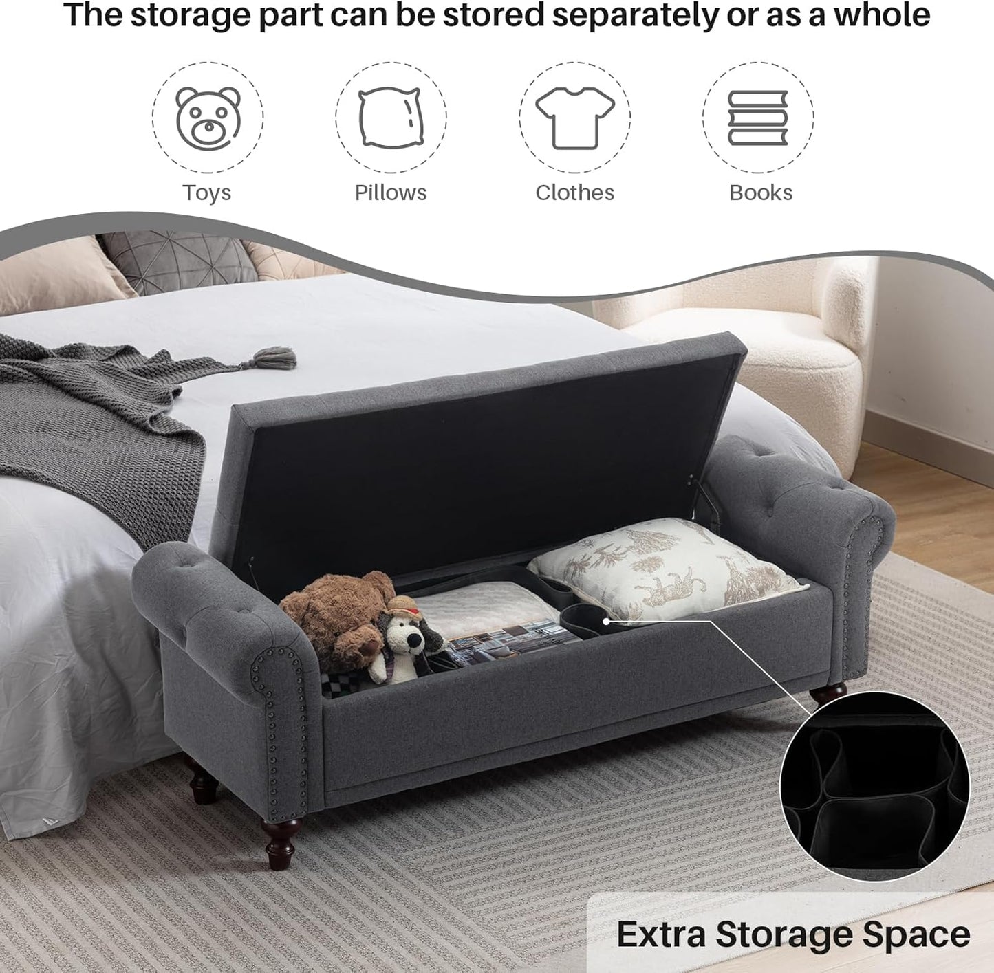 58.1'' Storage Bench Upholstered Linen End of Bedroom Bed Bench Ottoman with Tufted Cushioned Rolled Arm Large Storage Space for Reading Living Room Entryway, Grey