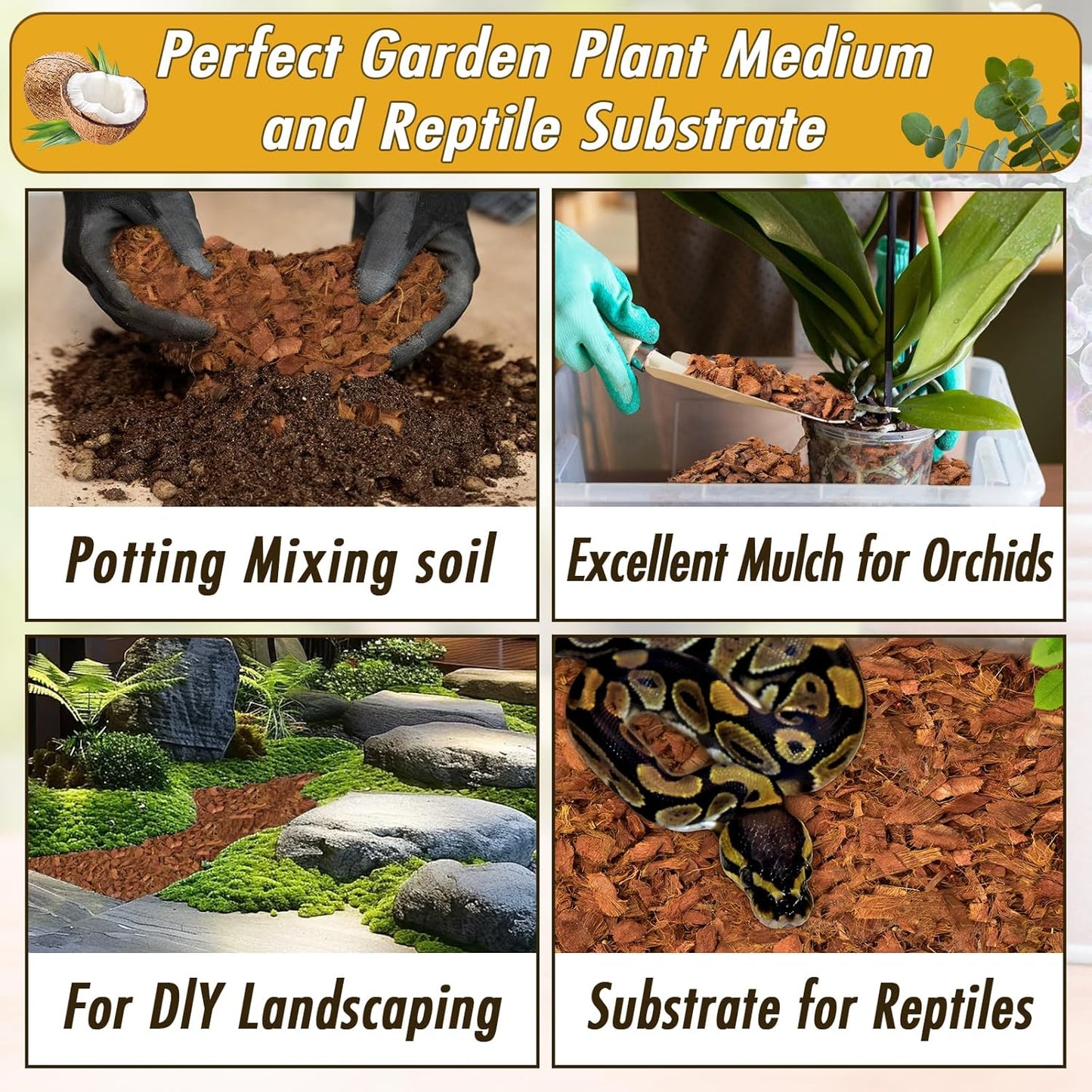 Zeedix 4 Pack Coco Husk Chips for Plants(4.4LB), 100% Organic Coconut Chips Mulch with Low EC & PH Balance, All Purpose for Indoor Plant Flowers Herbs Vegetables, Reptiles Terrarium Tanks Substrate