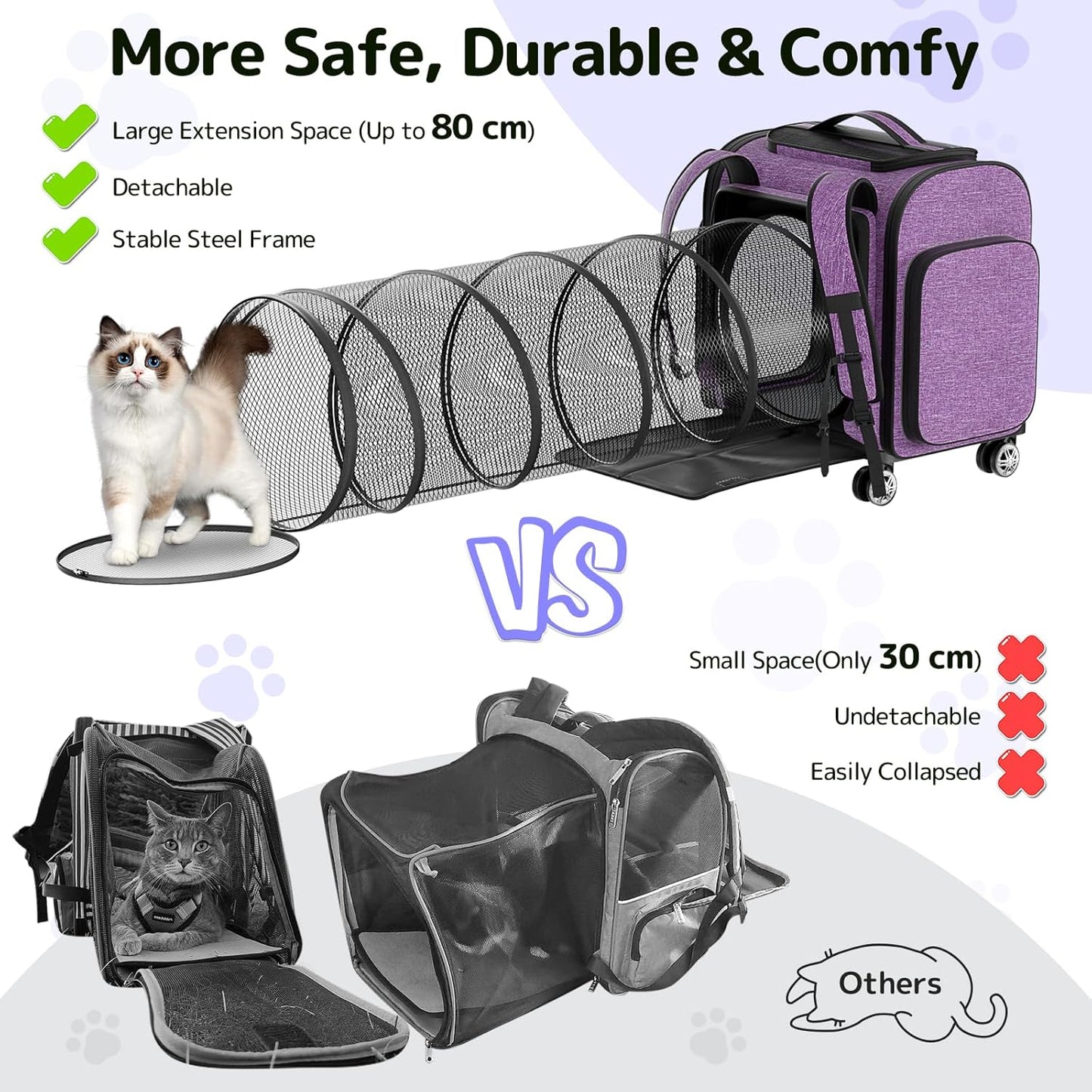 Rolling Cat Carrier with Wheels Dog Carrier for Small Dogs & Medium Cats, Expandable Pet Carrier on Wheels with Cat Play Tunnel, Large Capacity, Breathable Mesh, Side Pocket, Purple