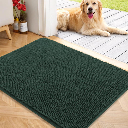 OLANLY Dog Door Mat for Muddy Paws 40x32, Absorbs Moisture and Dirt, Absorbent Non-Slip Washable Doormat, Quick Dry Chenille Mud Mat, Entry Indoor Entryway Carpet for Inside Floor, Blackish Green