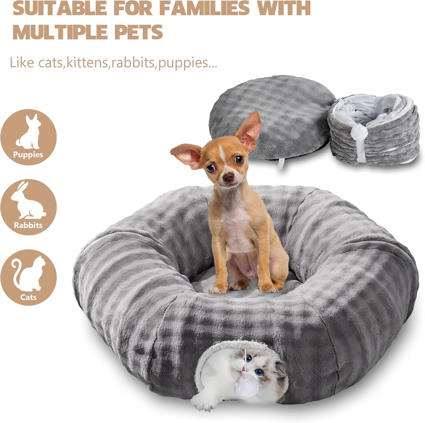 Bubble Cat Tunnel for Indoor Cats, Round Peekaboo Cave Toy with Dangling Balls, Donut Tunnel Bed with Circle Mat for Puppy Kitten Rabbit, Grey