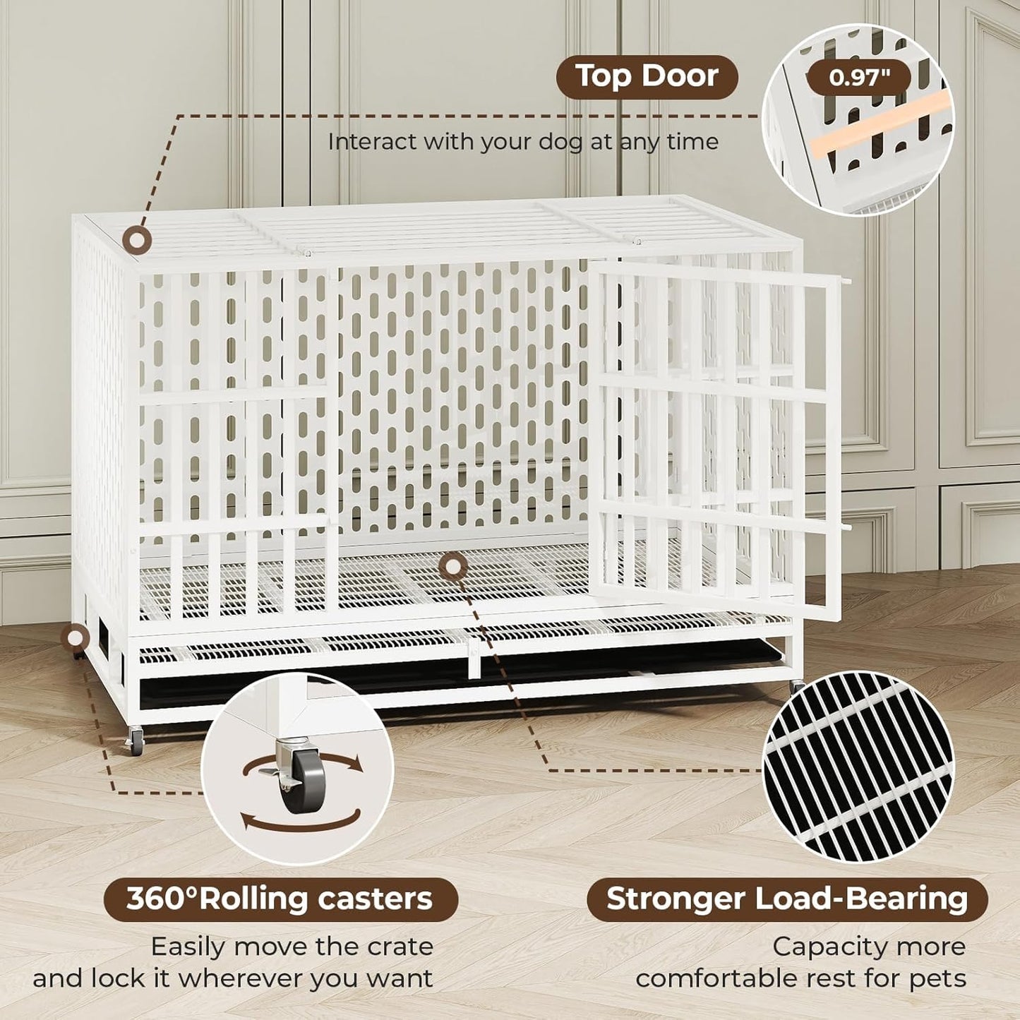 48 Inch Heavy Duty Indestructible Dog Crate Steel Escape Proof, Indoor Double Door High Anxiety Cage, Kennel with Wheels, Removable Tray,White,Extra Large XL XXL