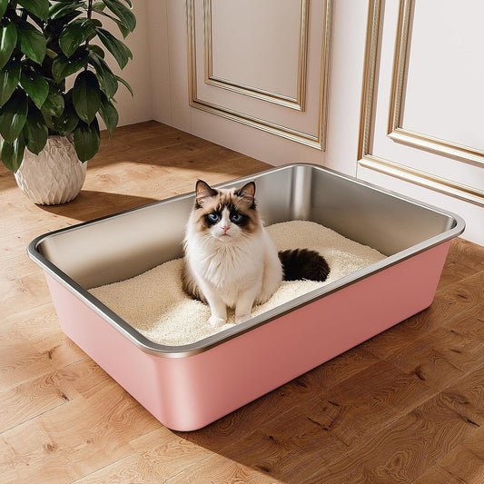Stainless Steel Litter Box, Large Metal Cat Litter Box with High Sided for Big and Small Cats, Non-Stick, Easy to Clean, Odor-Free, 23.4" L×15.6" W×5.9" H, Blush Pink