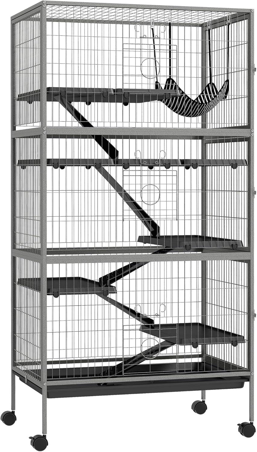 PawHut 63" 6-Tier Small Animal Cage, Ferret Cage, Large Chinchilla Cage with Hammock Accessory & Heavy-Duty Steel Wire, Small Animal Habitat with 6 Doors, Removable Tray, Gray