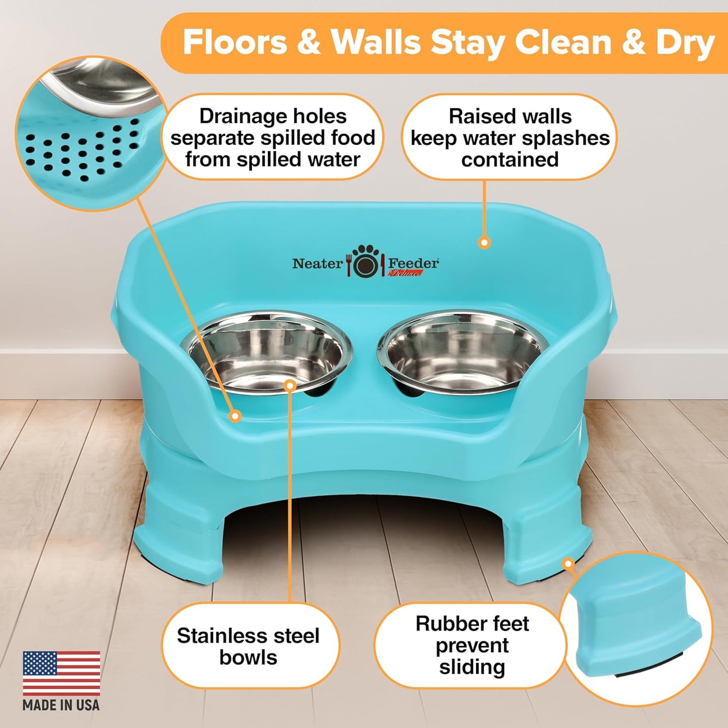 Neater Feeder Deluxe Mess Proof Dog Bowls Elevated for Small Breeds – Made in USA – No Spill Raised Dog Food Bowl Stand w/Leg Extensions – Stainless Steel Dog Food and Water Bowl Set – Teal
