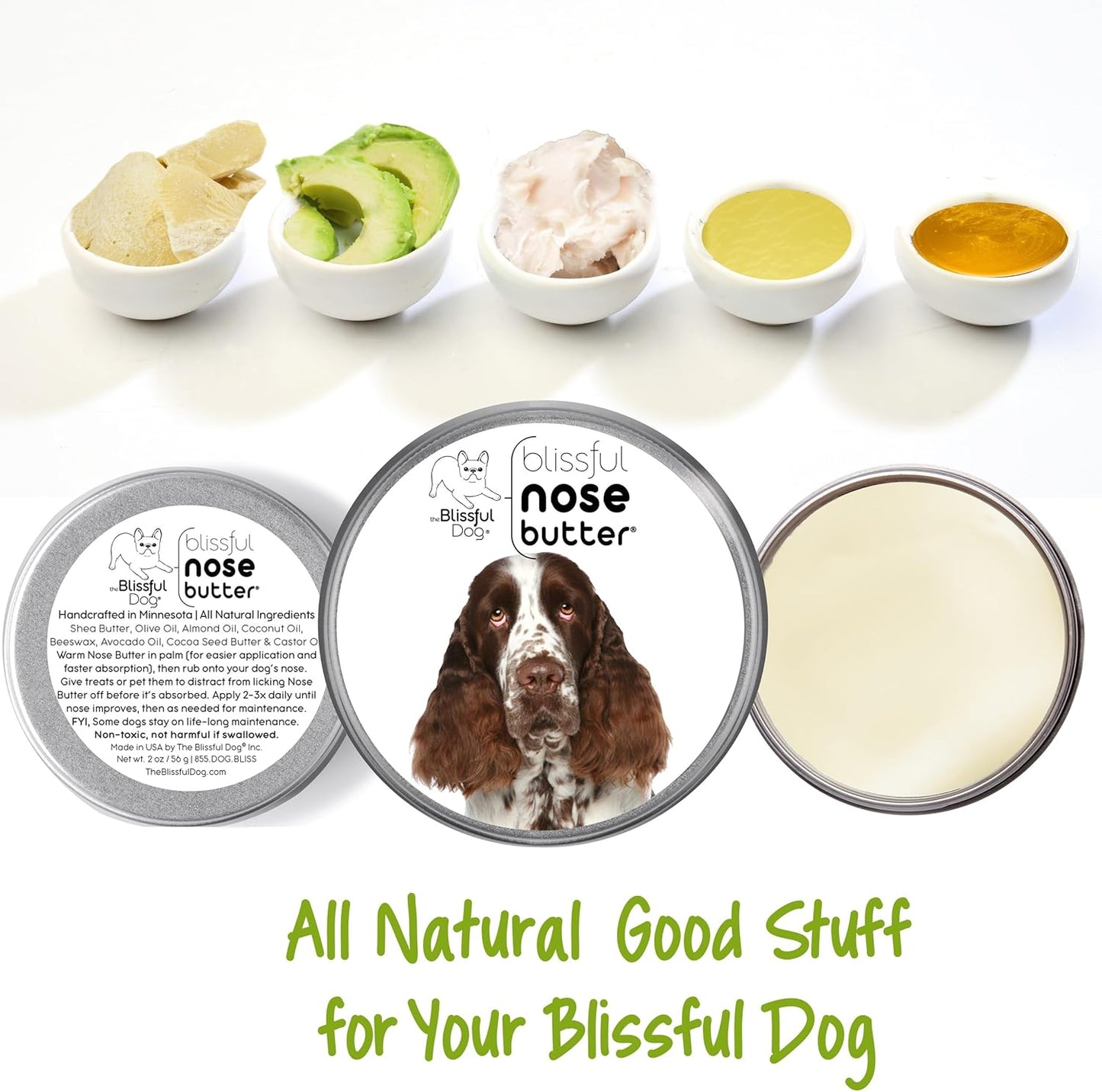 The Blissful Dog Springer Spaniel Nose Butter for Dry, Cracked Skin, Lick-Safe Dog Nose Balm with Moisturizing Shea Butter, Almond, Olive, and Essential Oils, Pet Supplies, Uncented, 2 oz.