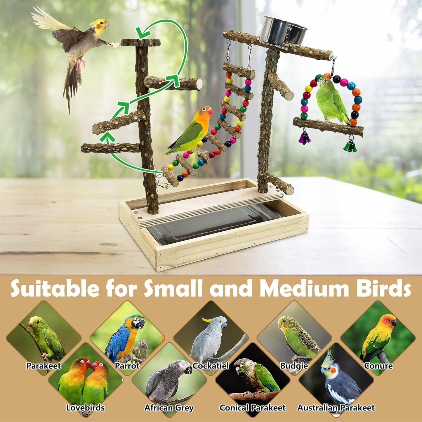 Tfwadmx Bird Playground Natural Wood Bird Play Stands Parrot Perch Stand with Removable Tray Climb Ladders Swing Chewing Toys for Lovebirds Cockatiels Budgies
