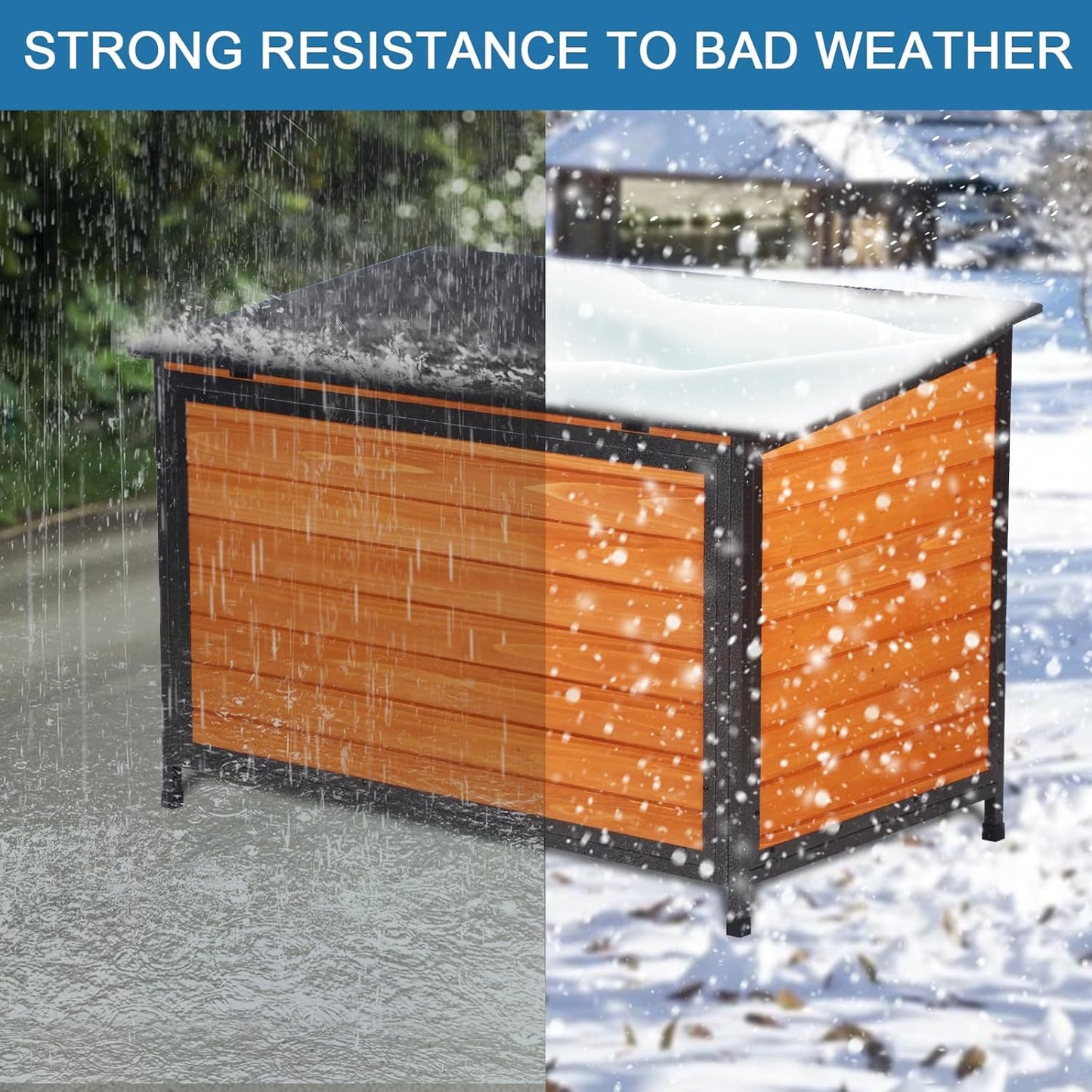 Dog House Outdoor Weatherproof 43.3" L Chew Proof Dog Kennel for Small Medium Large Dogs with Strong Metal Chew Proof Frame Raised Design