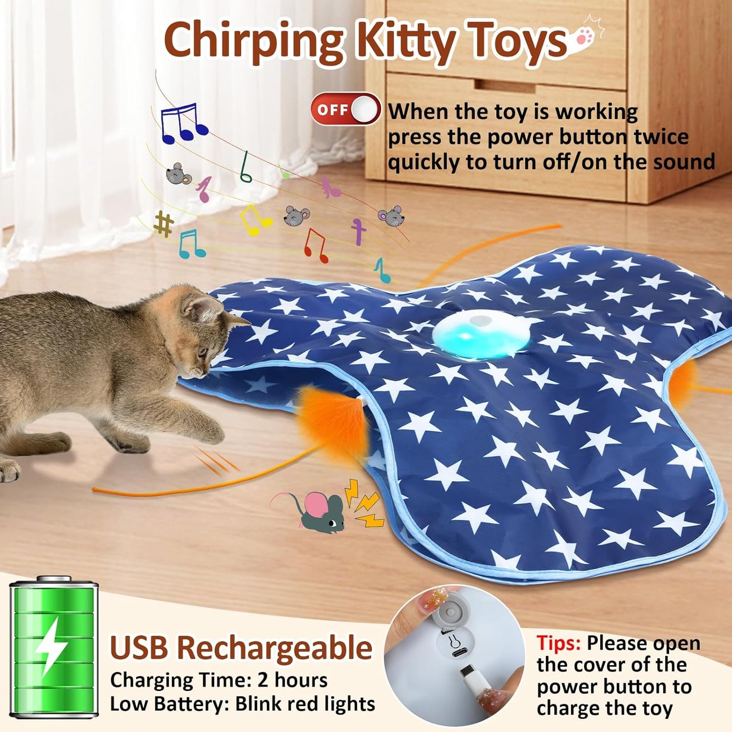 Interactive Cat Toy Rechargeable, Cat Exercise Toys for Indoor Bored Adult Cats, Hide and Seek Toy with Motion Activated, Moving Feather, Chirping